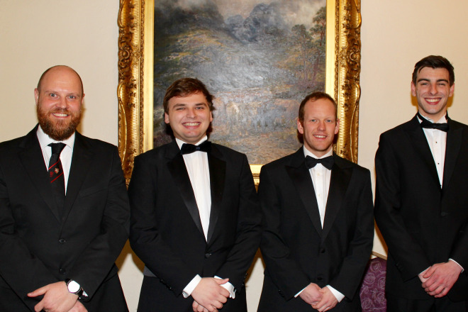 The three new Master Masons of Wyggeston Lodge along with the Master (left)